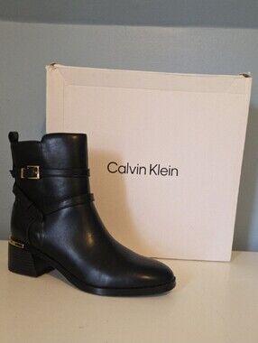 Calvin Klein Classic Black Ankle Boot with Metallic Heel Accent Size 7